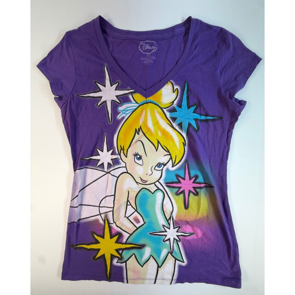 Disney Tinker Bell Airbrush Graphic V-Neck Tee Purple XL 15/17 Peter Pan Fairy